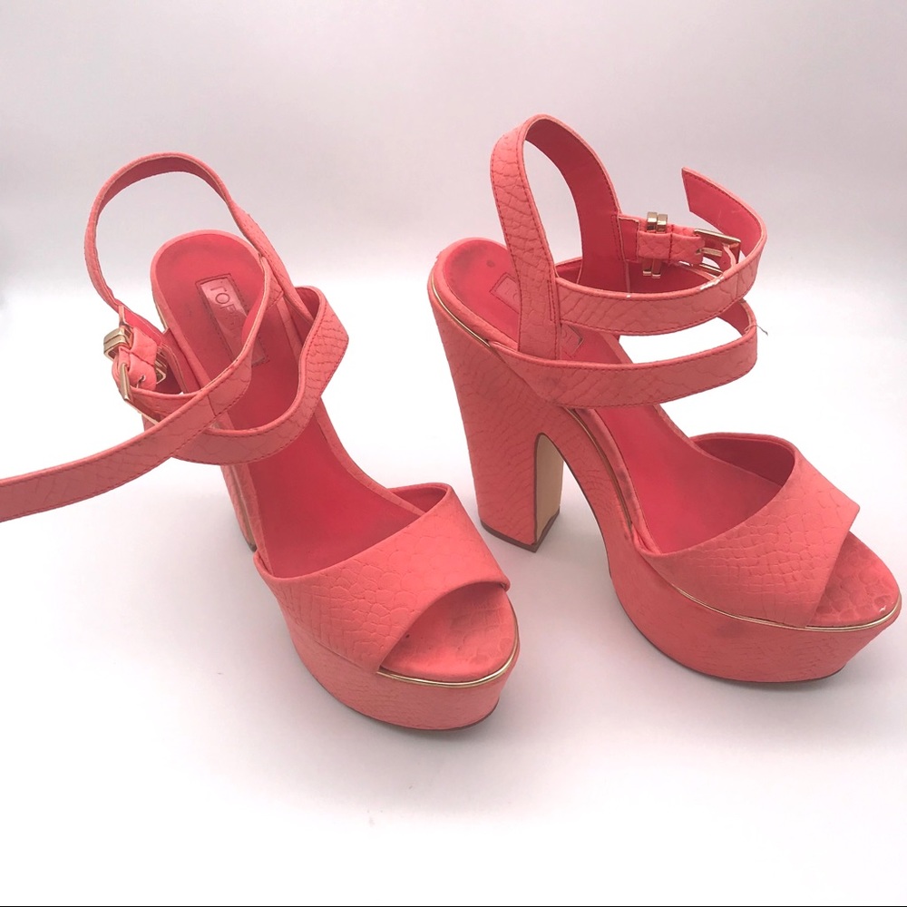 Topshop Coral Pink Gold Block Heels Size 8.5